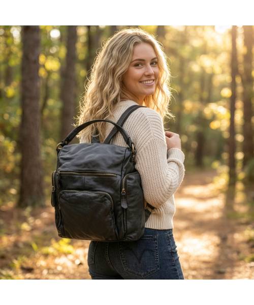 womens black leather backpack